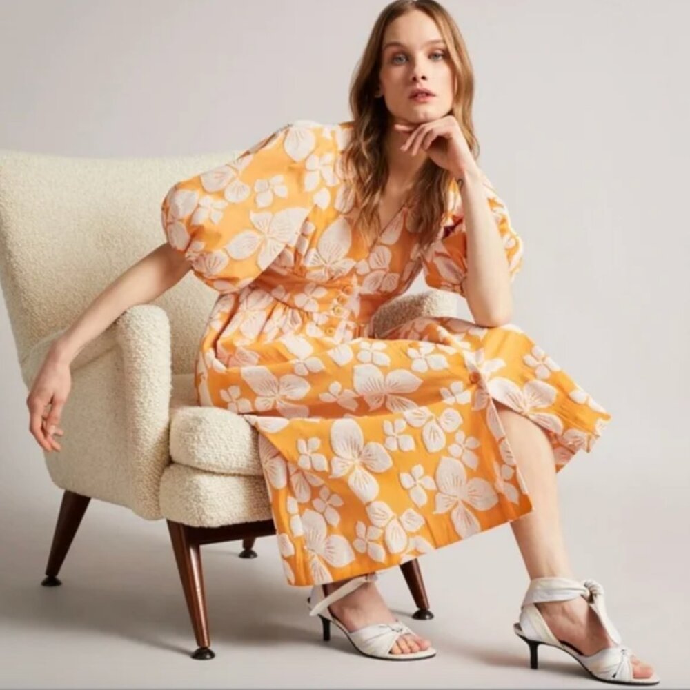 Ted Baker Floral Jacquard Puff Sleeve Dress - Picture 8 of 8